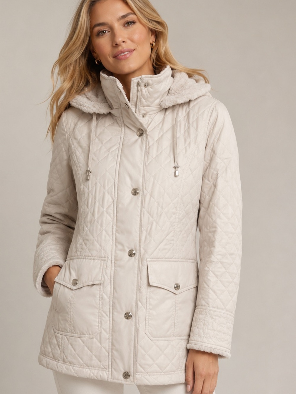 Jones New York - Light Cream Quilted Jacket with Faux Fur Lining - XS